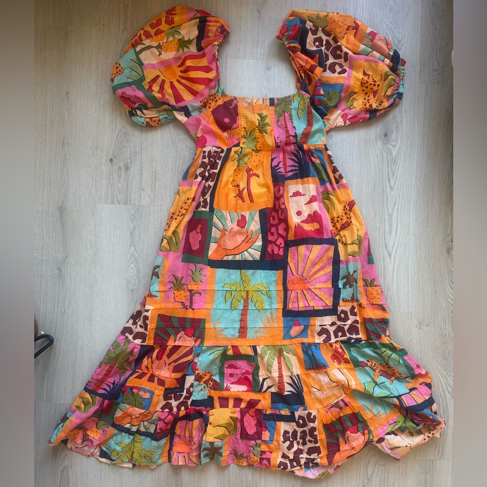 FARM Rio Tropical Collage Midi Square Neck Womens Dress Size L large Colorful - Picture 4 of 16
